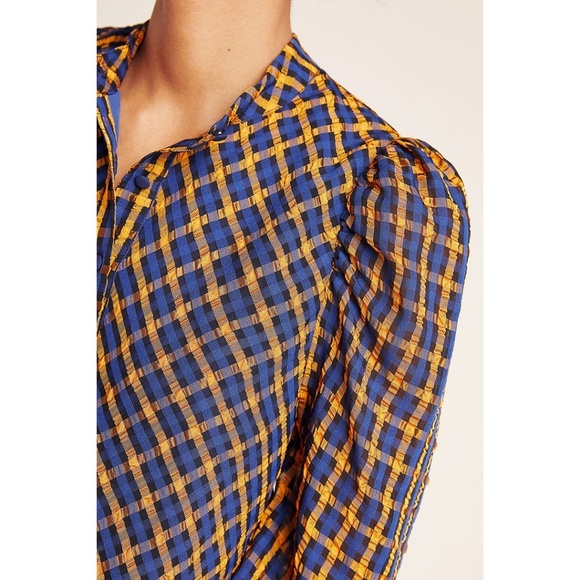 Eva Franco Anthropologie Textured Plaid Puff Sleeve Blouse Button up Shirt - Picture 4 of 8